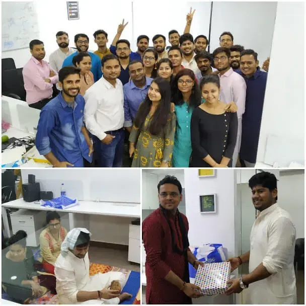Supplymint team group photo at the office, with colleagues exchanging a gift and a festive puja at a desk