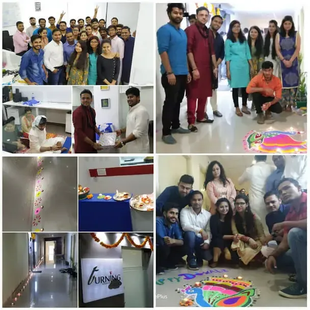 Supplymint team celebrating Diwali at the office with rangoli, diyas, marigold decorations and group photos